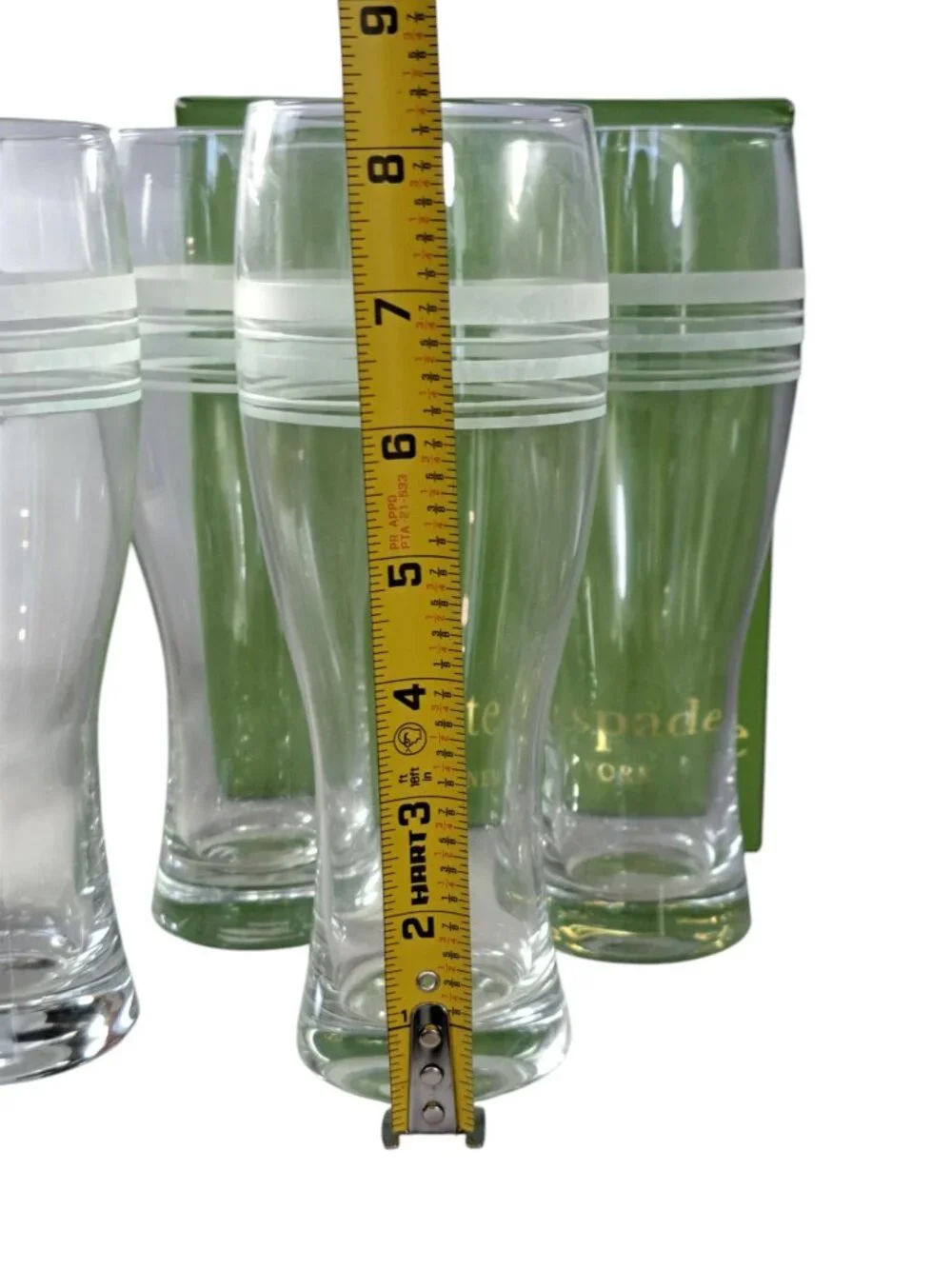 4 Lenox Kate Spade Library Stripe Wheat Beer Glasses 8 1/2 Inches Tall